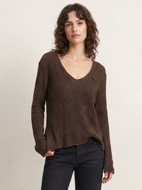 Cotton Ginny Knit Brown V-Neckline Long Sleeve Sweater Fall Top Shirt Size XL